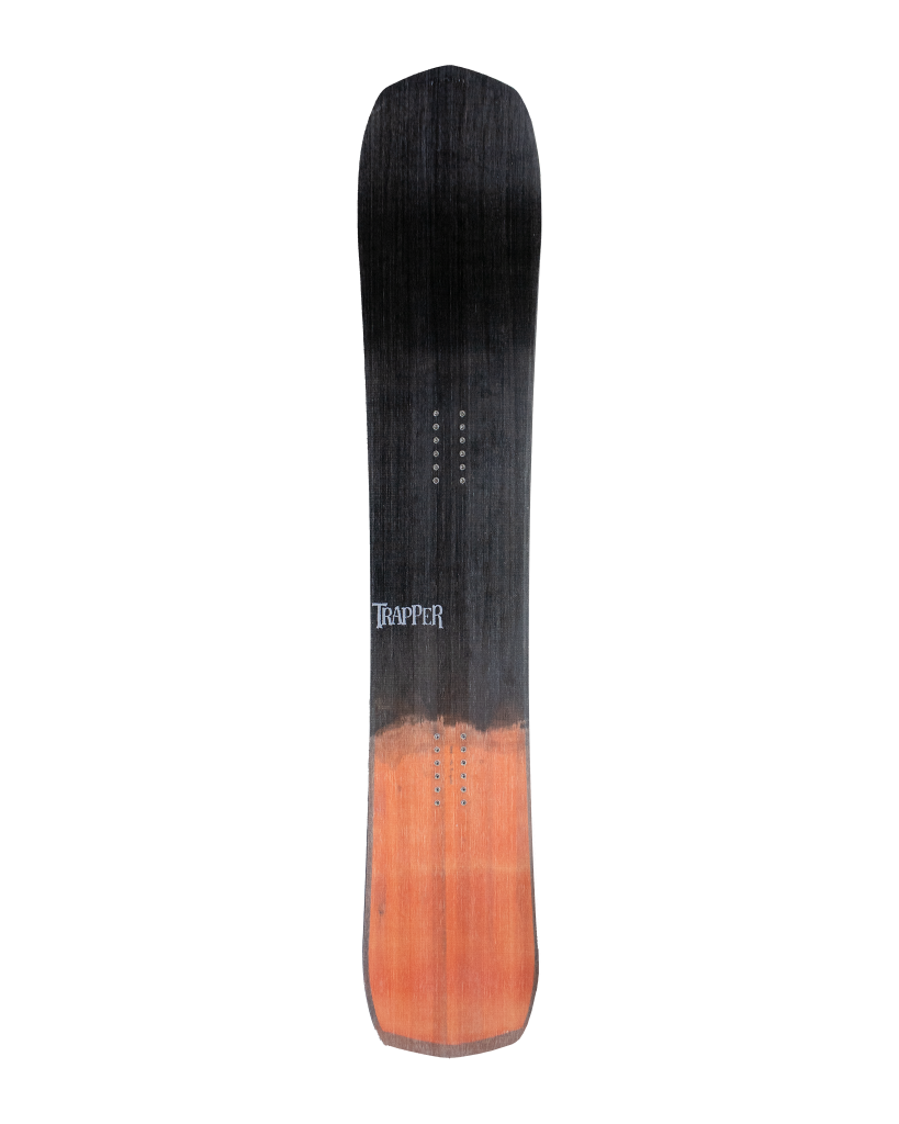 Black and orange snowboard with 'Trapper' branding on a white background