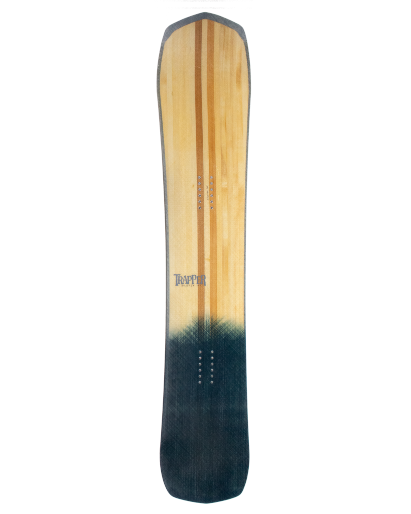 Custom Powder and carving snowboard with blue resin tint on wood grain