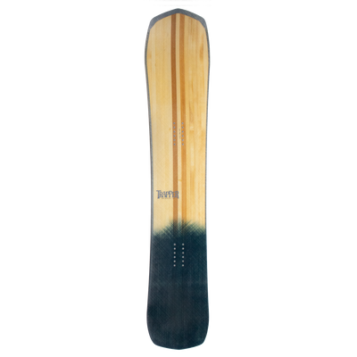 Custom Powder and carving snowboard with blue resin tint on wood grain