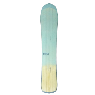 Custom Powder and carving snowboard with mint green resin tint on woodgrain
