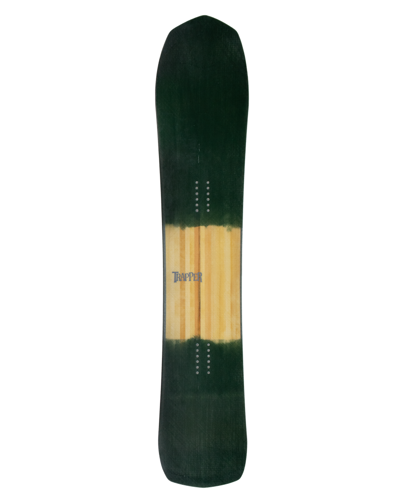 Custom Powder and carving snowboard with green resin tint on woodgrain