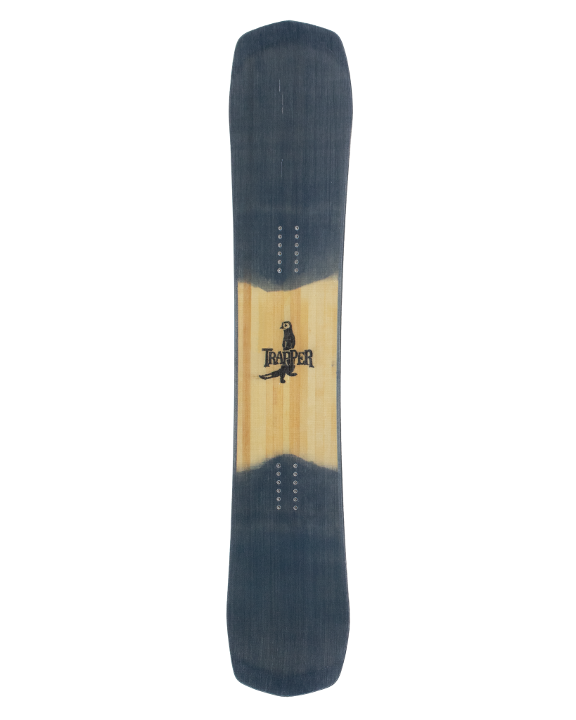 A snowboard with a directional twin shape, featuring a weasel design in the center, tinted in a two-tone color combination, with visible wood core.