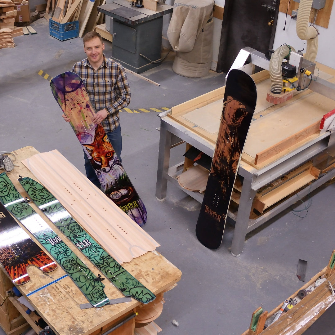 Trapper Snowboards founder Greg Fortier on the factory floor