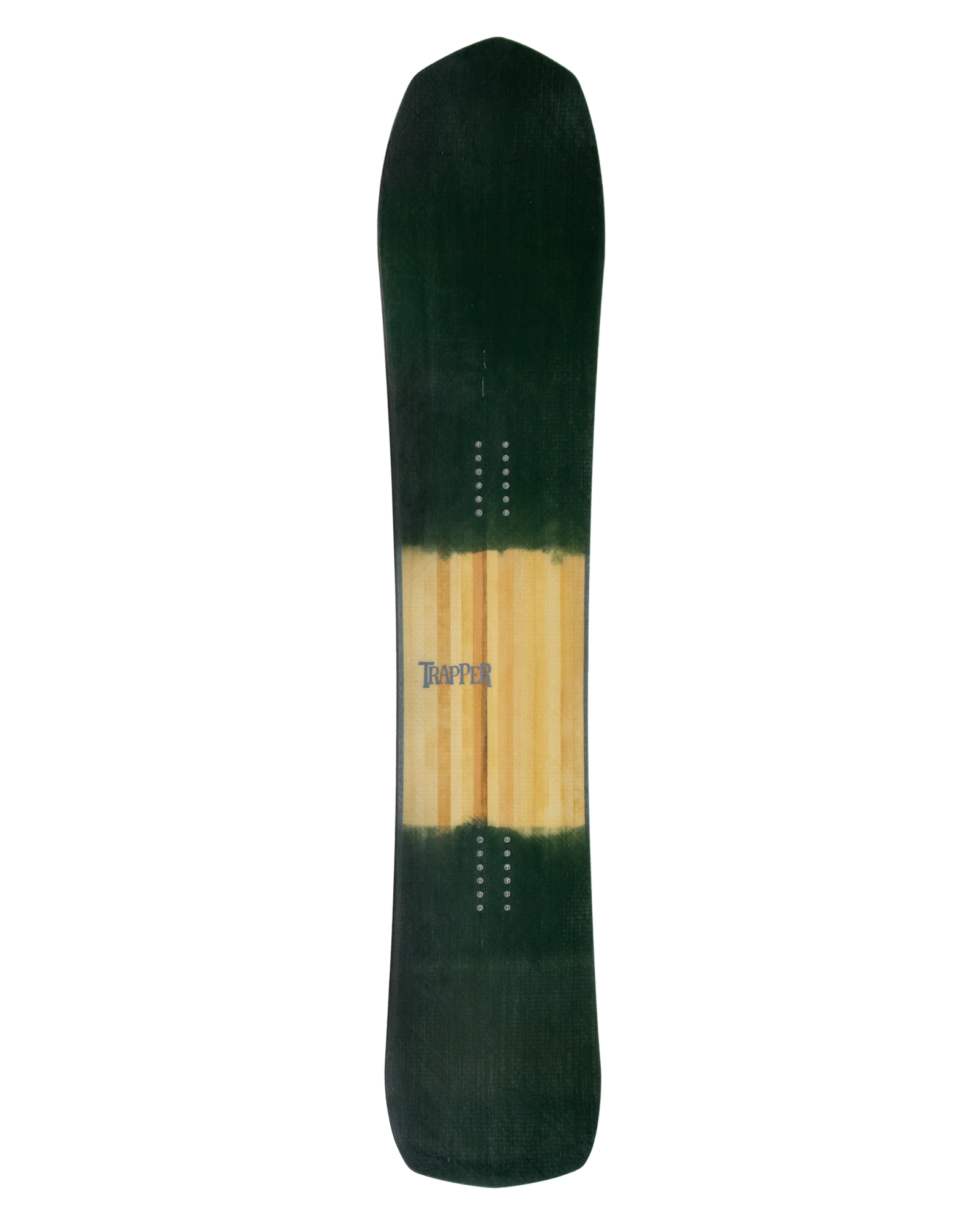 Custom Powder and carving snowboard with green resin tint on woodgrain