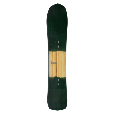 Custom Powder and carving snowboard with green resin tint on woodgrain